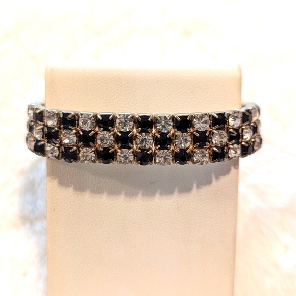 Vintage 80's Black & Clear Rhinestone Stretchy Bracelet - Picture 8 of 8